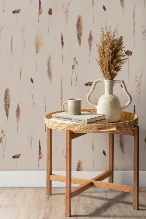 Earthy Dried Flowers Botanical Repeat Pattern Wallpaper