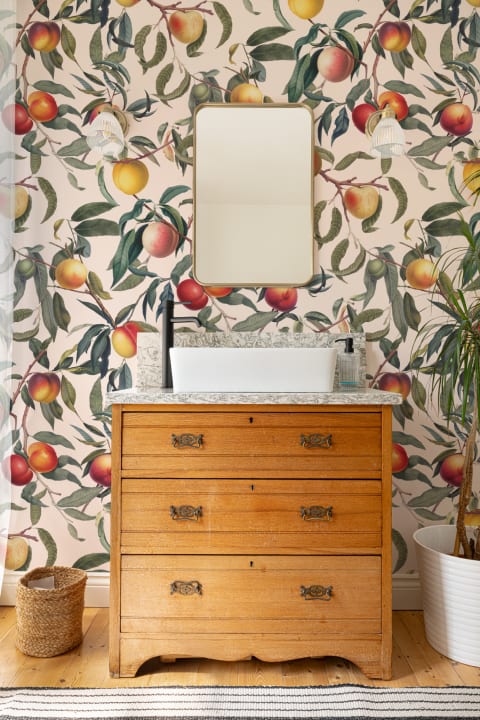 Cream and Green Vintage Botanical Peach Fruit Repeat Pattern Wallpaper