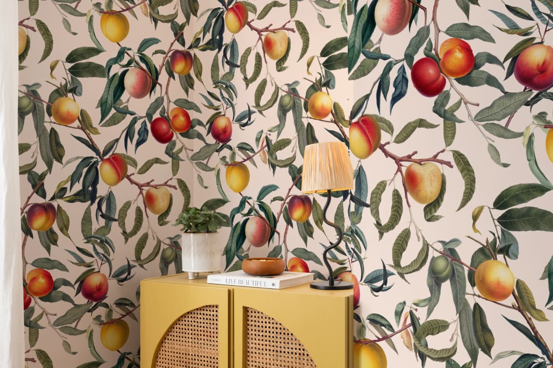 Cream and Green Vintage Botanical Peach Fruit Repeat Pattern Wallpaper