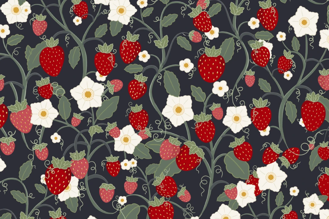Papier Peint Fraises Rouges sur Fond Bleu Marine