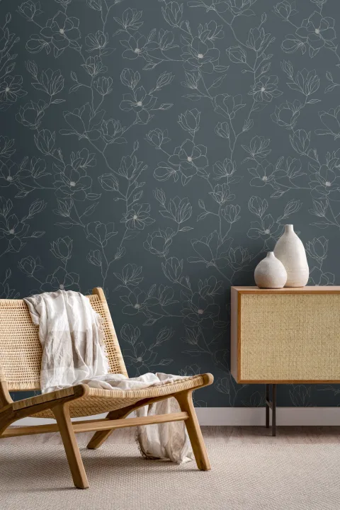 Papier Peint à Motif de Fleurs de Cerisier en Bleu Foncé