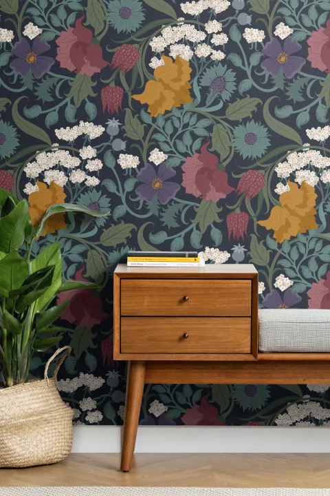 Papel Pintado Flores Vintage en Colores Oscuros