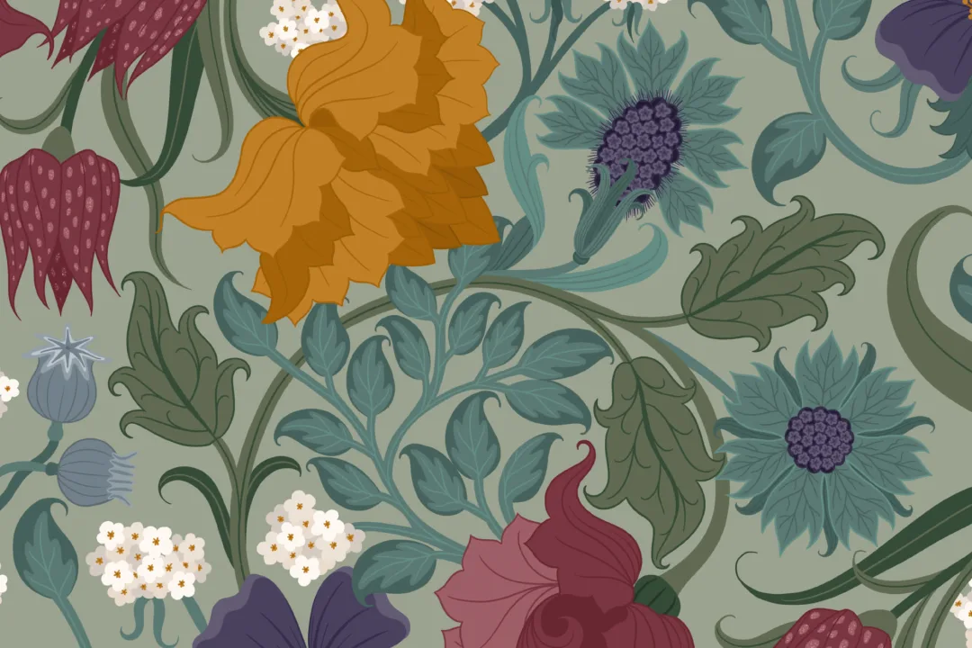 Carta da Parati Floreale Vintage in Verde e Ocra