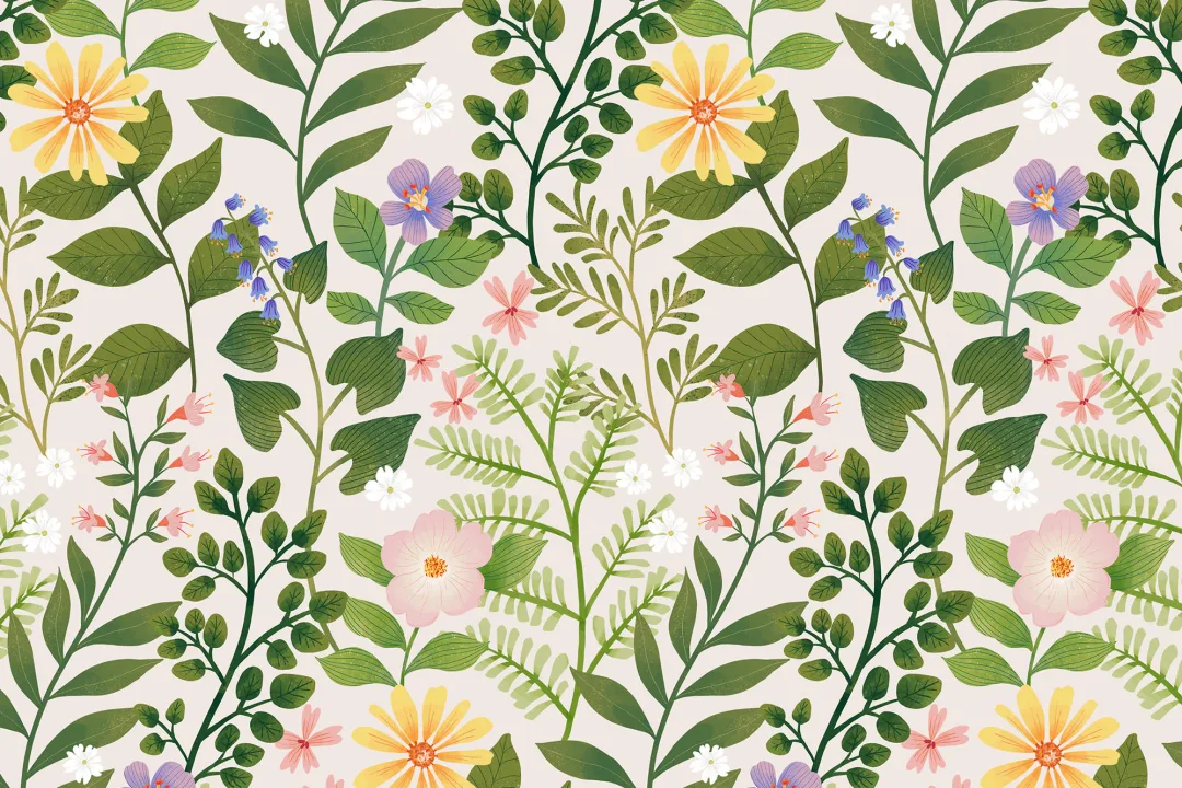 Bright Floral Garden Repeat Pattern Wallpaper