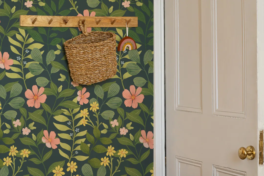 Carta da Parati Foglie e Fiori in Verde e Blu
