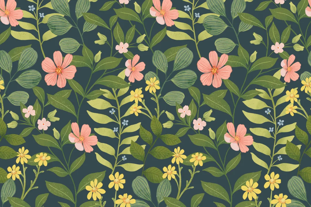 Carta da Parati Foglie e Fiori in Verde e Blu