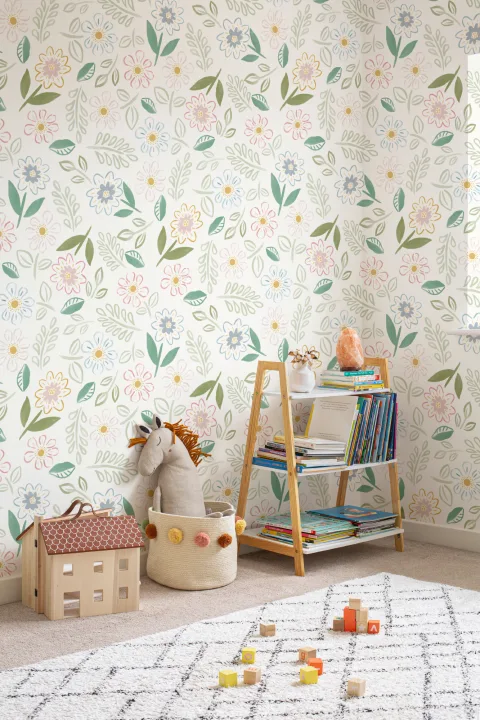 Pastel Floral Block Print Wallpaper