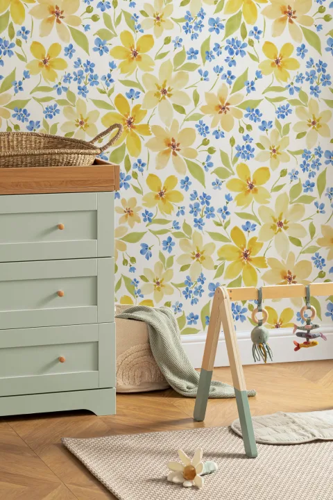 Carta da Parati in Rotolo con Fiori Gialli e Blu ad Acquerello