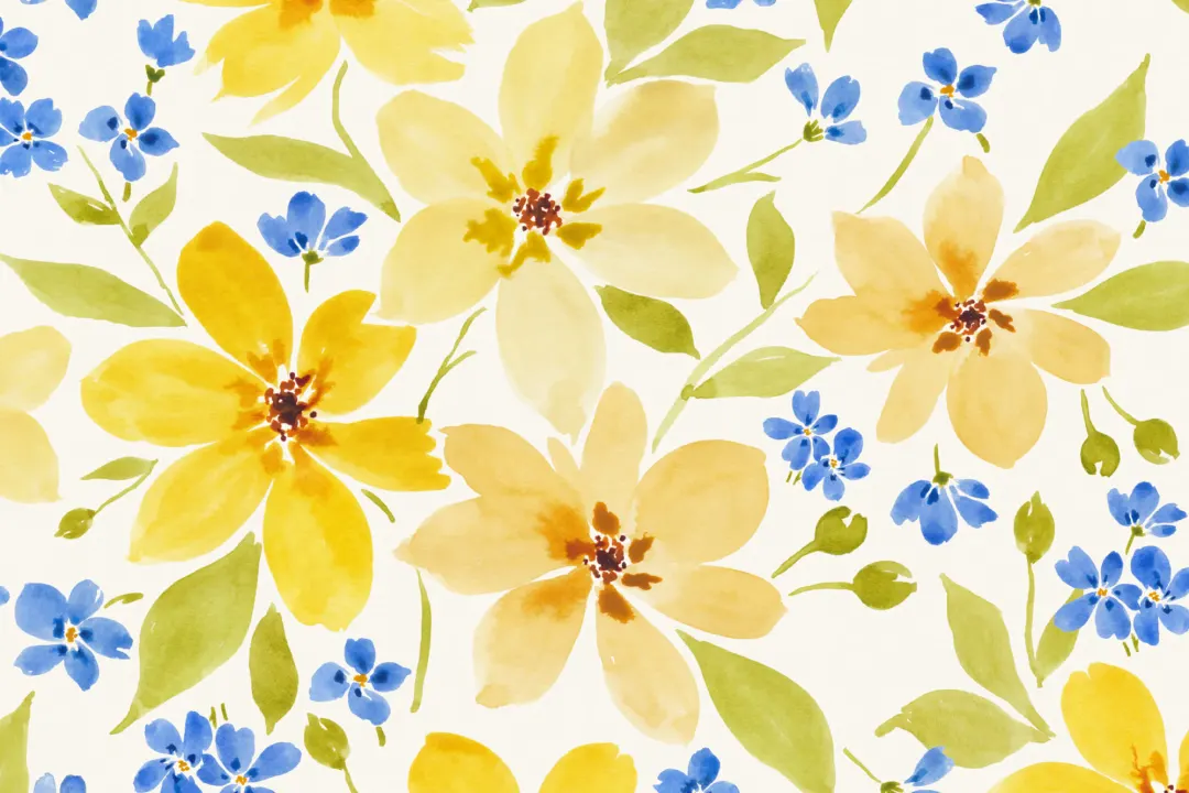 Carta da Parati in Rotolo con Fiori Gialli e Blu ad Acquerello