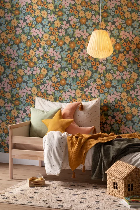 Bright Multicolor Playful Floral Print Wallpaper