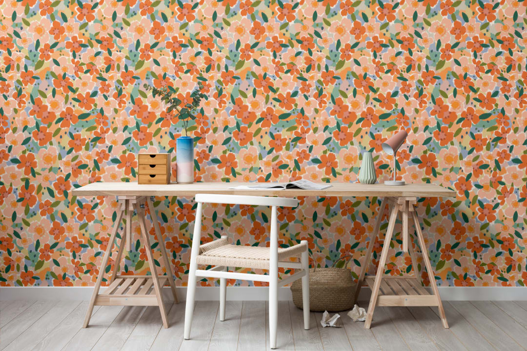 Papel pintado floral naranja en estilo de pintura al óleo