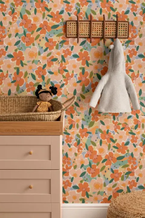 Orange Oil Painted Style Fun Floral Wallpaper