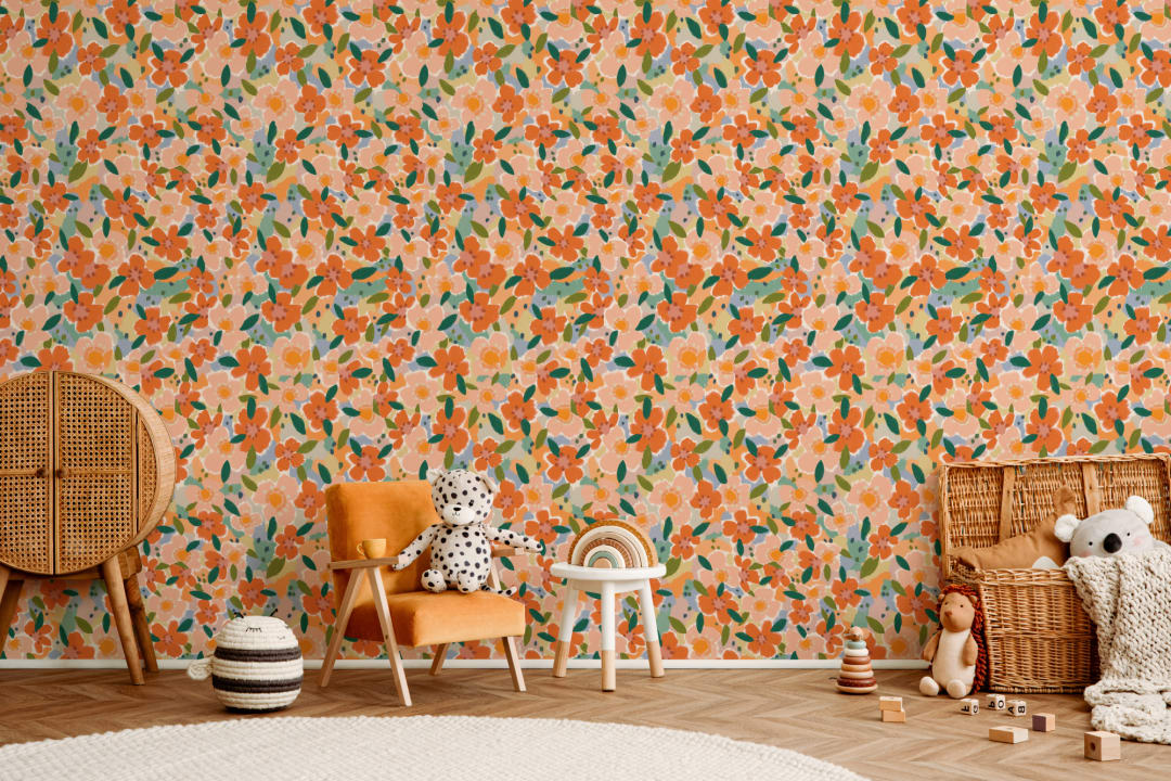 Orange Oil Painted Style Fun Floral Wallpaper