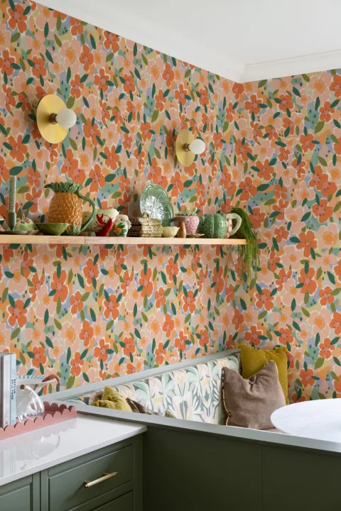 Papel de parede floral divertido estilo pintado a óleo laranja