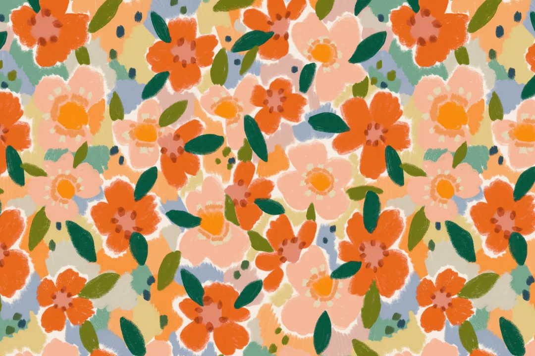 Orange Oil Painted Style Fun Floral Wallpaper