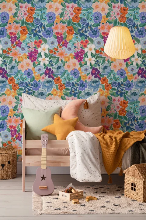 Multicolor Oil Painted Style Fun Floral Wallpaper