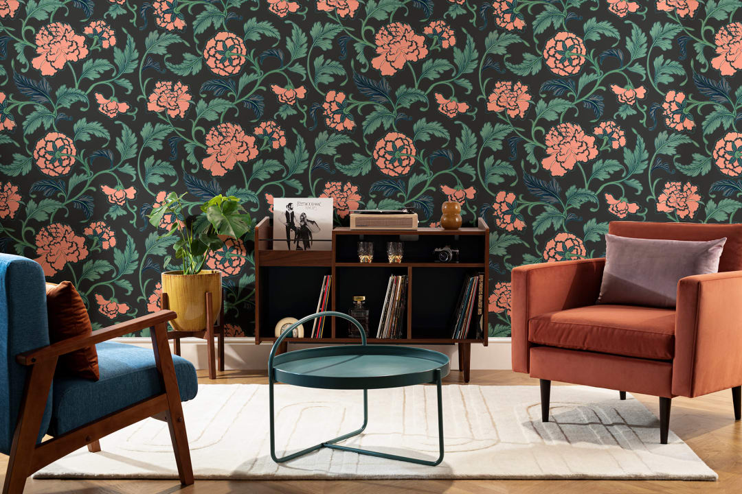 Peony Chinese Ornaments Illustrations Black Wall Mural