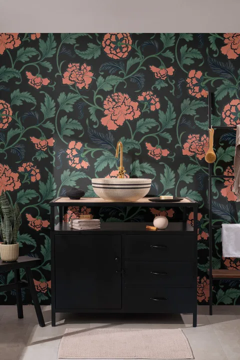 Peony Chinese Ornaments Illustrations Black Wall Mural