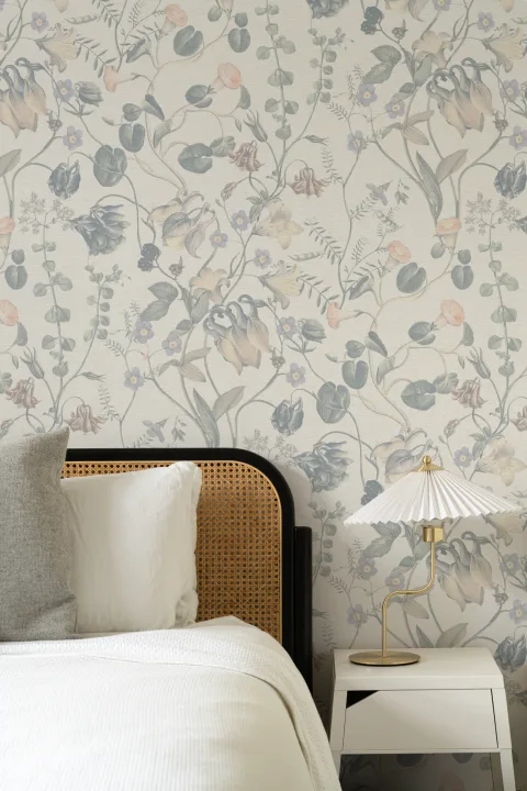 Evelina Blue Botanical Wallpaper with Whimsical Vintage Floral Details