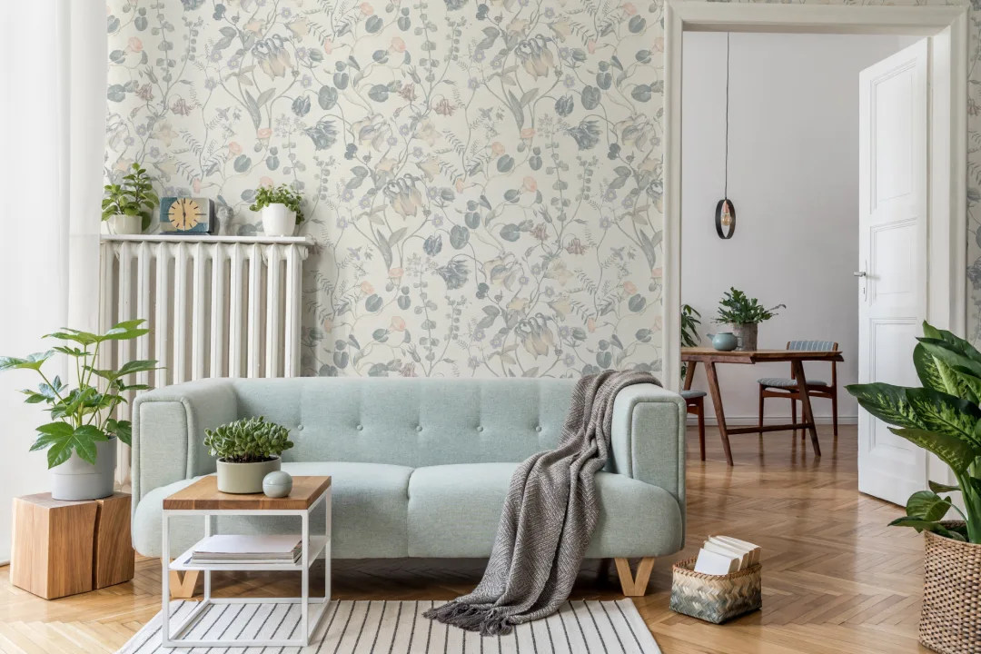 Evelina Blue Botanical Wallpaper with Whimsical Vintage Floral Details