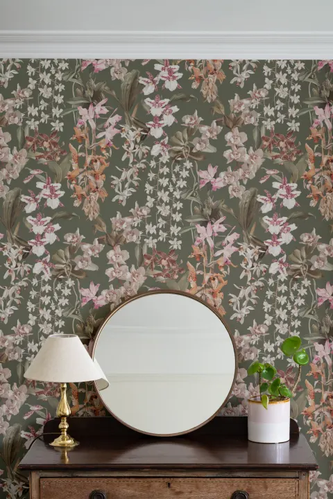 Murale floral vintage verde inspirat din natură, cu design de orhidee