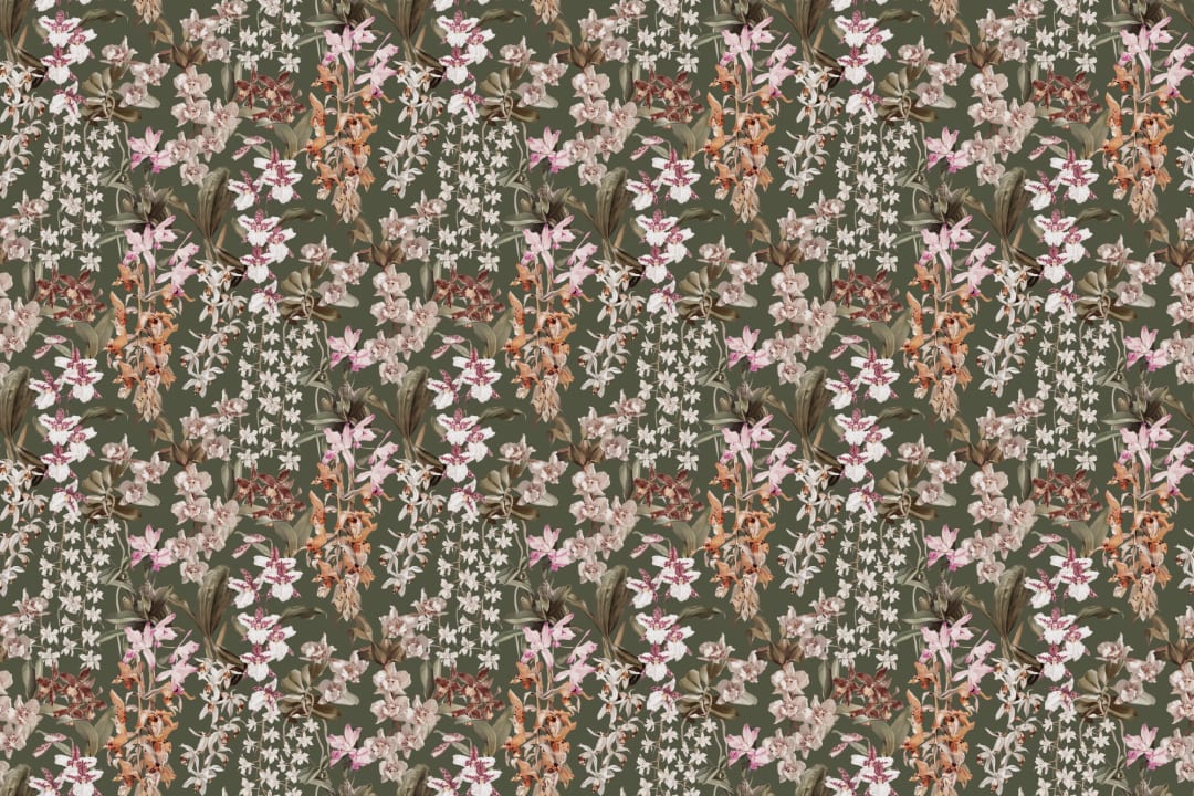 Murale floral vintage verde inspirat din natură, cu design de orhidee