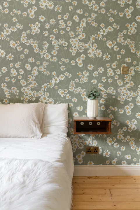 Mural con estampado floral vintage en verde con margaritas