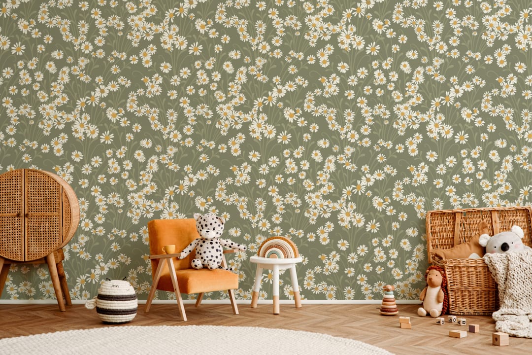 Green Vintage Floral Pattern Mural With Daisies Mural