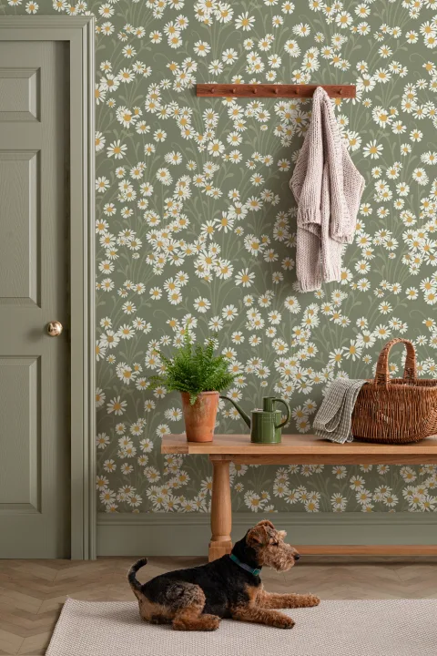 Green Vintage Floral Pattern Wall Mural With Daisies