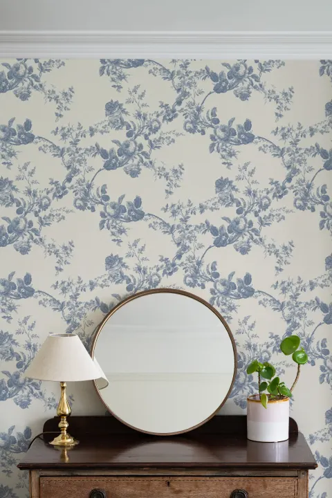 Murales de papel pintado con estampado floral vintage elegante en azul
