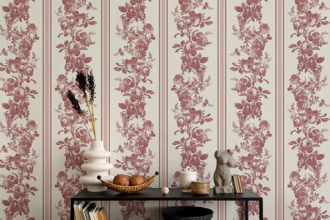 Mural de papel pintado floral vintage a rayas en rojo