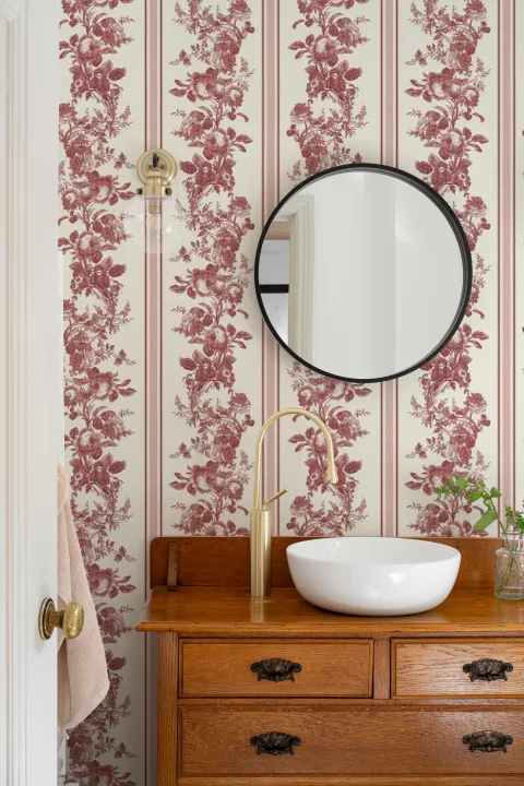 Mural de papel pintado floral vintage a rayas en rojo