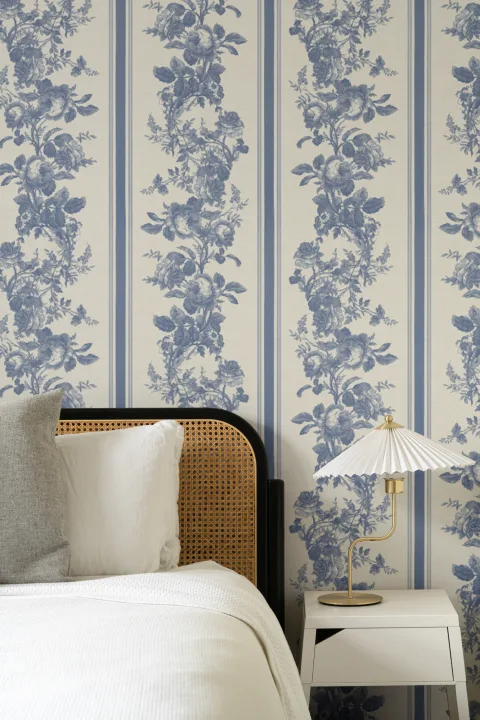 Navy Vintage Floral Striped Pattern Wall Mural