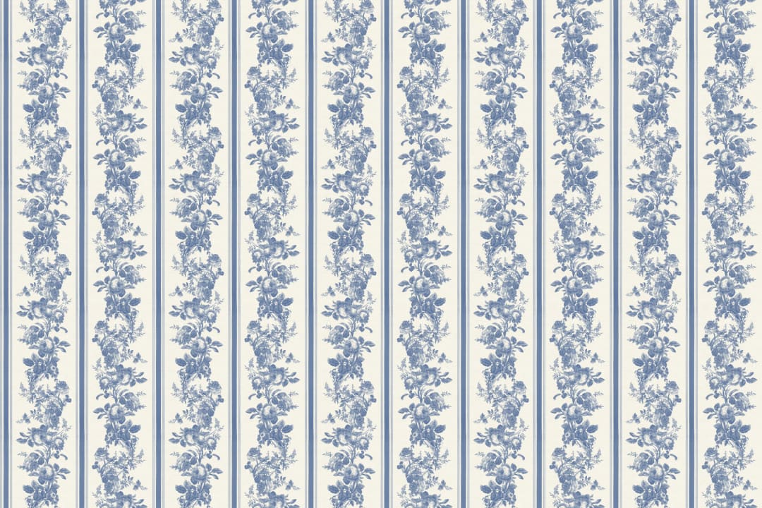 Mural de papel pintado de rayas con motivo floral vintage en azul marino