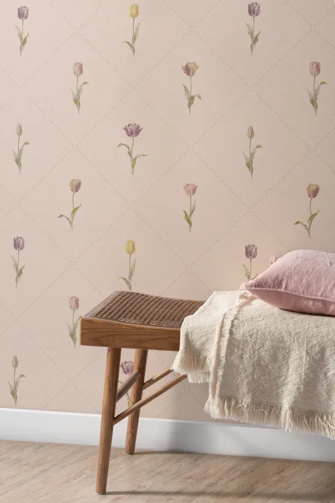 Mural de papel pintado con estampado floral vintage rosa para Serenity