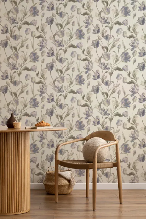 Blå årgang blomsterfototapet med elegant blomstring i vintagestil