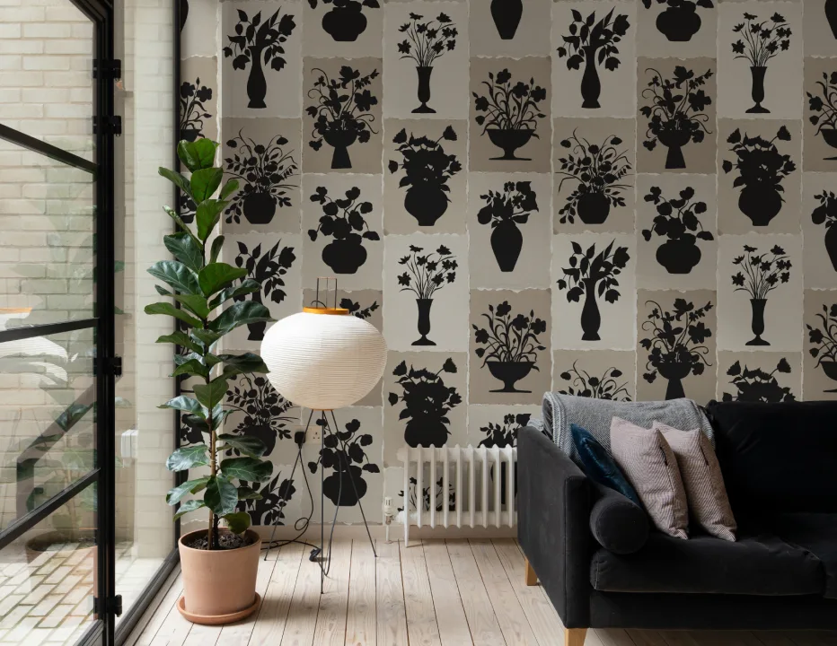 Beige Silhuet Blomster Klassisk Charme Fototapet