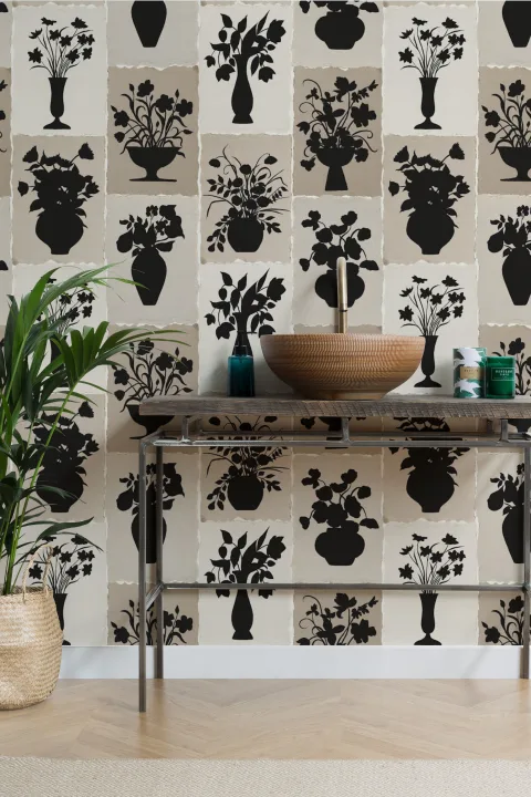 Beige silhouet bloemen vintage charme muurschildering