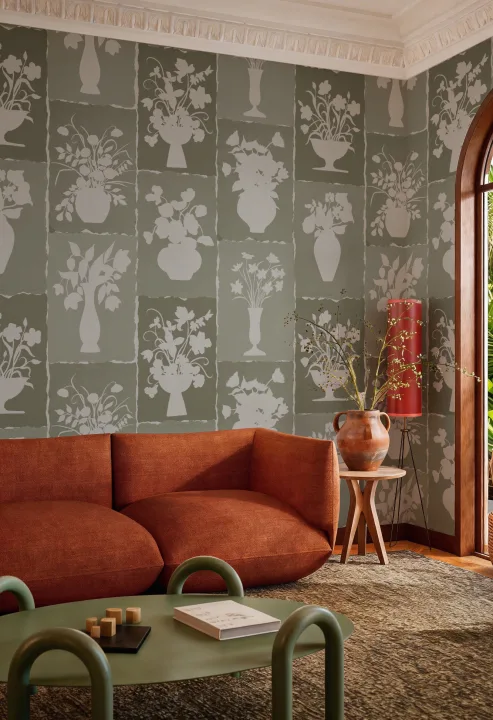 Carta da parati artigianale con design floreale botanico verde
