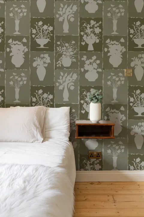 Mural de Papel de Parede com Design Floral Botânico Verde Artesanal