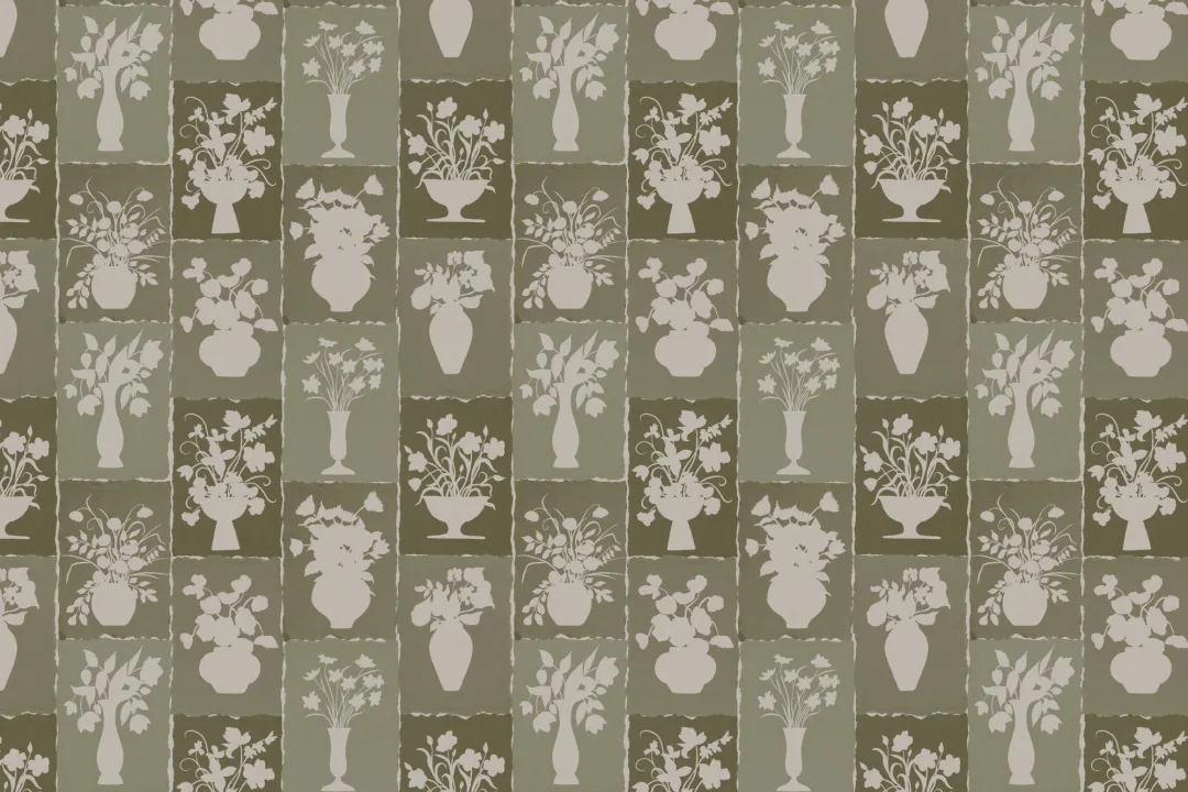 Carta da parati artigianale con design floreale botanico verde