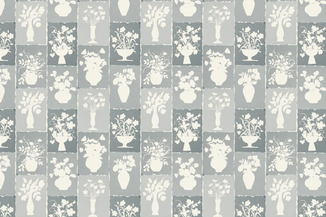 Blå blomster fototapet i håndlavet stil til elegante rum