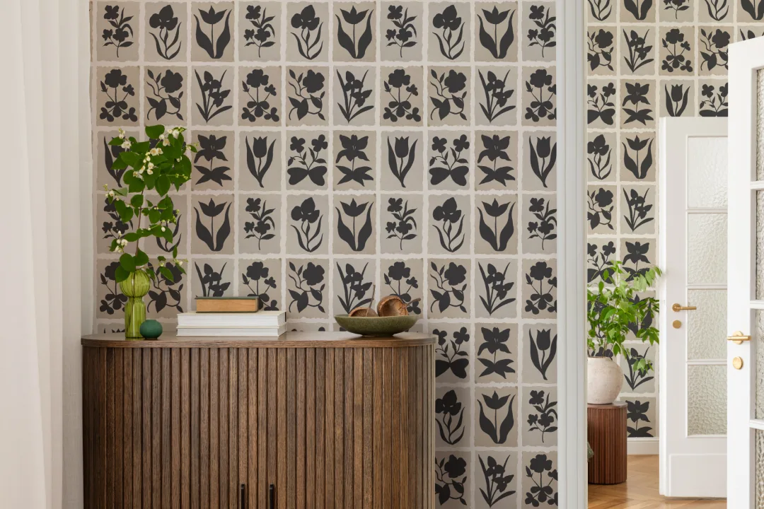 Black Floral Vintage Style Wall Mural Creates Elegance