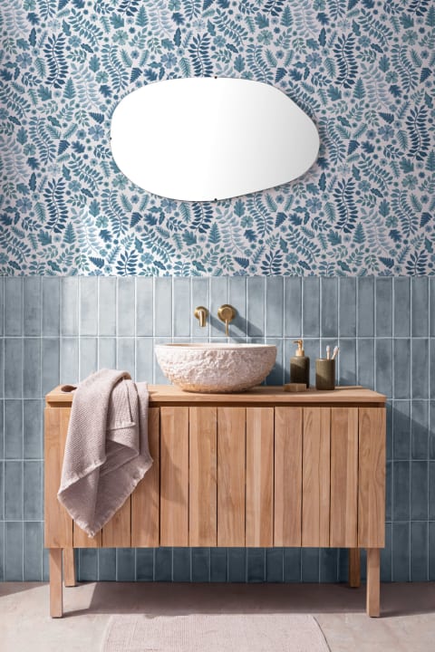 Papel Pintado Hoja Floral Estampado Indio Azul