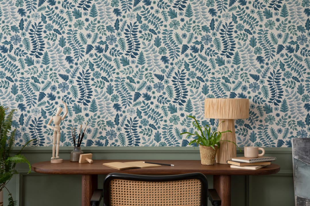 Papel Pintado Hoja Floral Estampado Indio Azul