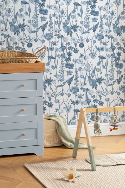 Blue & White Illustrated Wildflower Wallpaper
