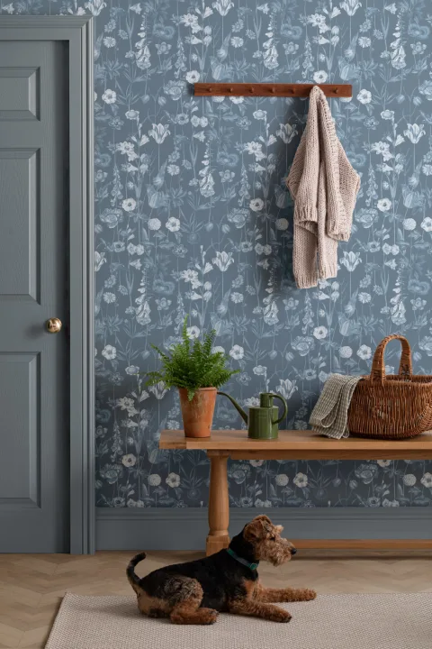 Blue Illustrated Wildflower Wallpaper