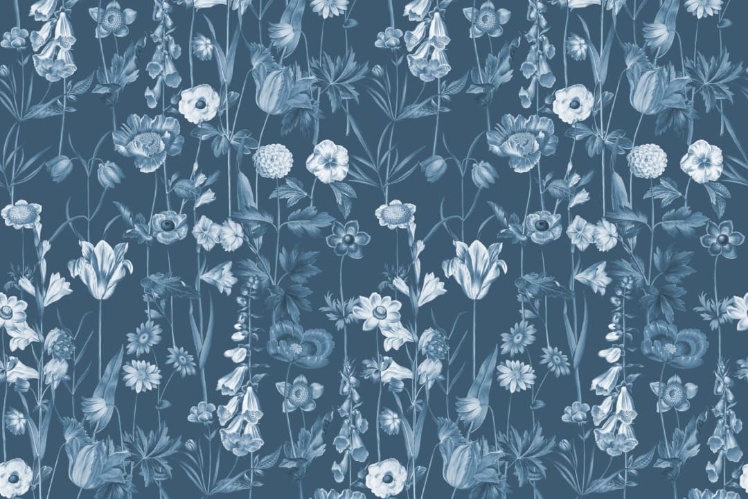 Blue Illustrated Wildflower Wallpaper