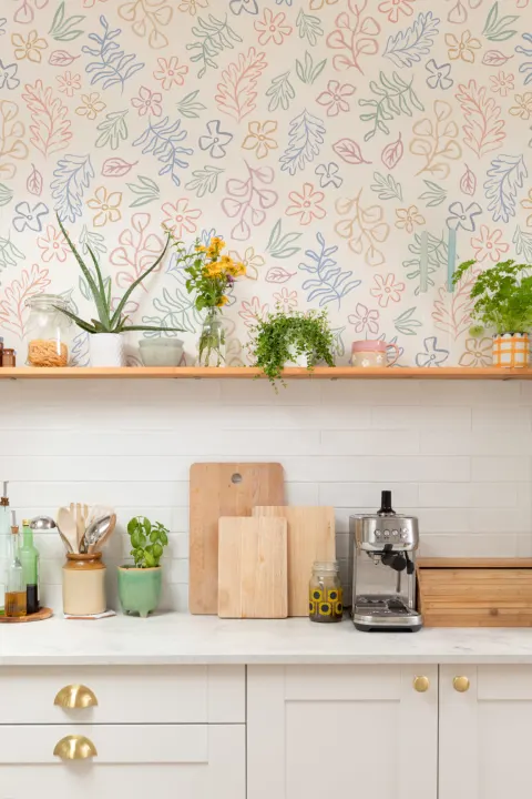 Papel de parede com motivos botânicos escandinavos em pastel