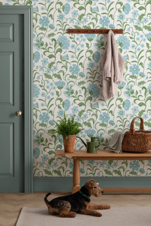 Blue Indian Style Floral Wallpaper